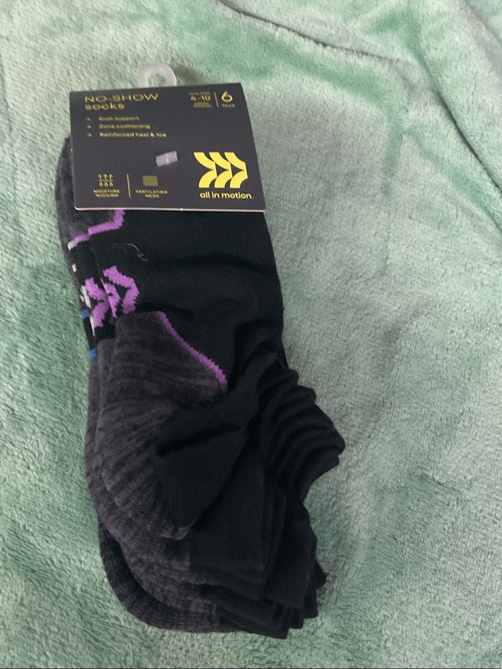 all in motion Black No-Show Athletic Socks with Purple Accent - 6 Pack size 4-10